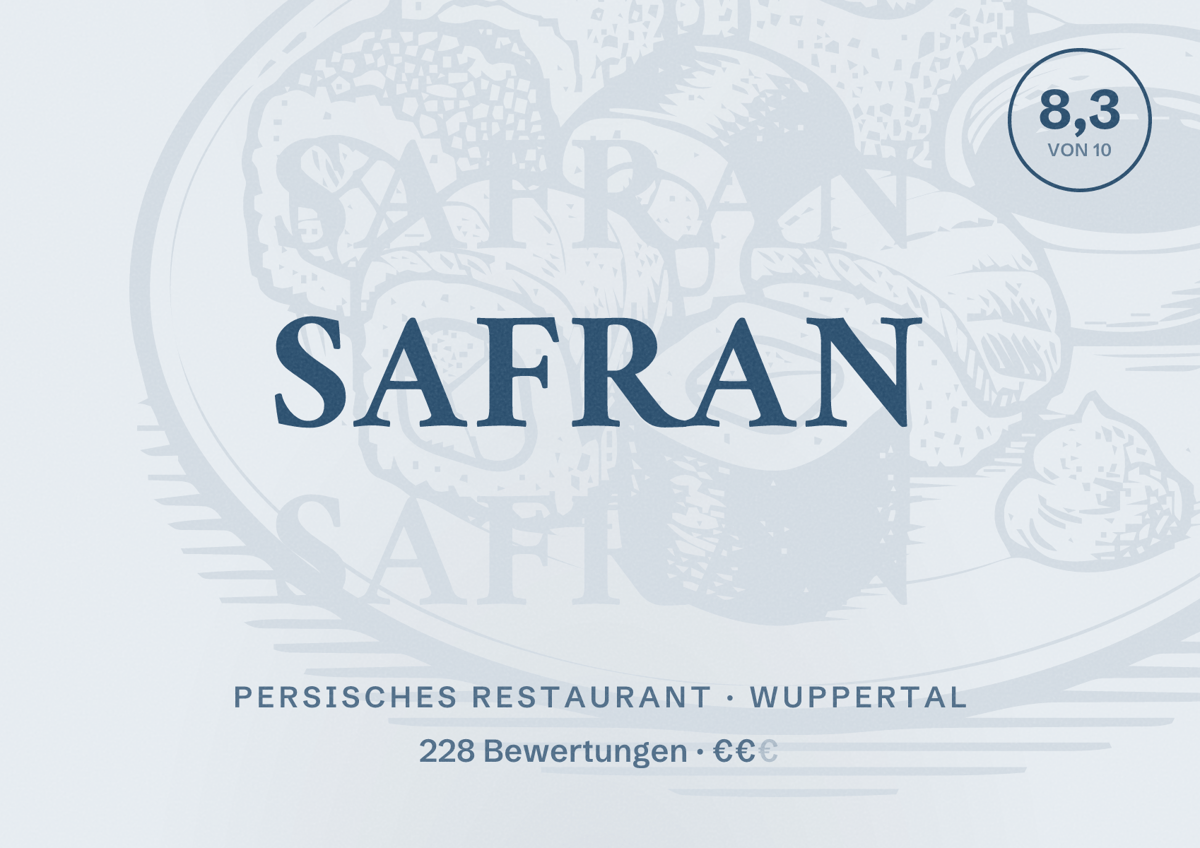Illustriertes Poster von Safran, Persisches Restaurant in Wuppertal: Bewertung 8,3 von 10 aus 228 Bewertungen, Preisniveau €€