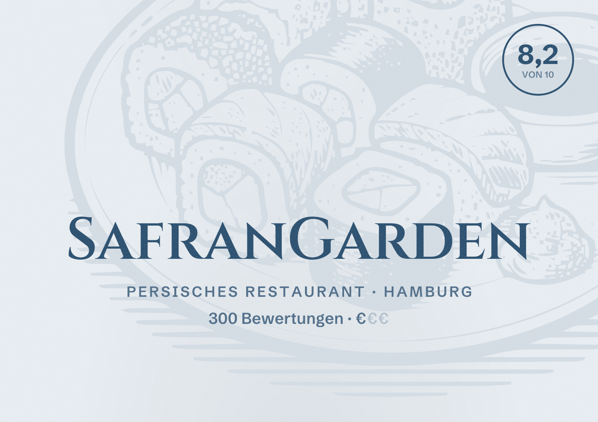 Illustriertes Poster von SafranGarden, Persisches Restaurant in Hamburg: Bewertung 8,2 von 10 aus 300 Bewertungen, Preisniveau €