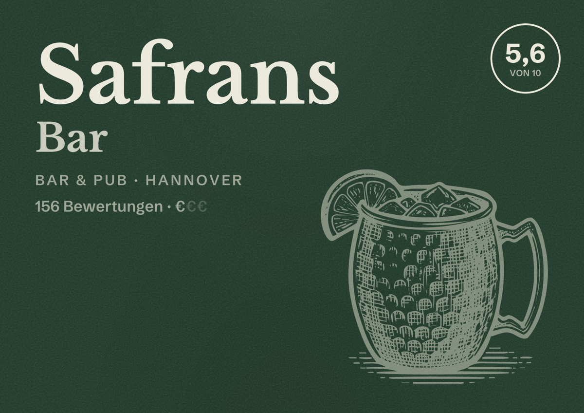 Illustriertes Poster von Safrans Bar, Bar & Pub in Hannover: Bewertung 5,6 von 10 aus 156 Bewertungen, Preisniveau €