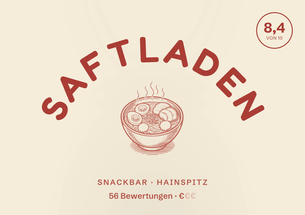 Illustriertes Poster von Saftladen, Snackbar in Hainspitz: Bewertung 8,4 von 10 aus 56 Bewertungen, Preisniveau €