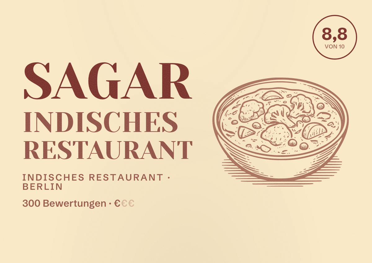 Illustriertes Poster von Sagar Indisches Restaurant, Indisches Restaurant in Berlin: Bewertung 8,8 von 10 aus 300 Bewertungen, Preisniveau €