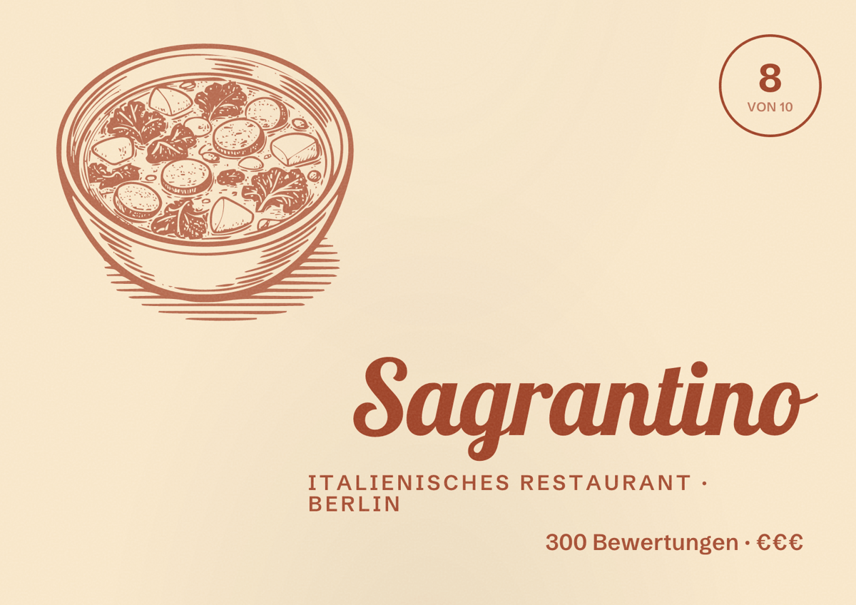 Illustriertes Poster von Sagrantino, Italienisches Restaurant in Berlin: Bewertung 8 von 10 aus 300 Bewertungen, Preisniveau €€€