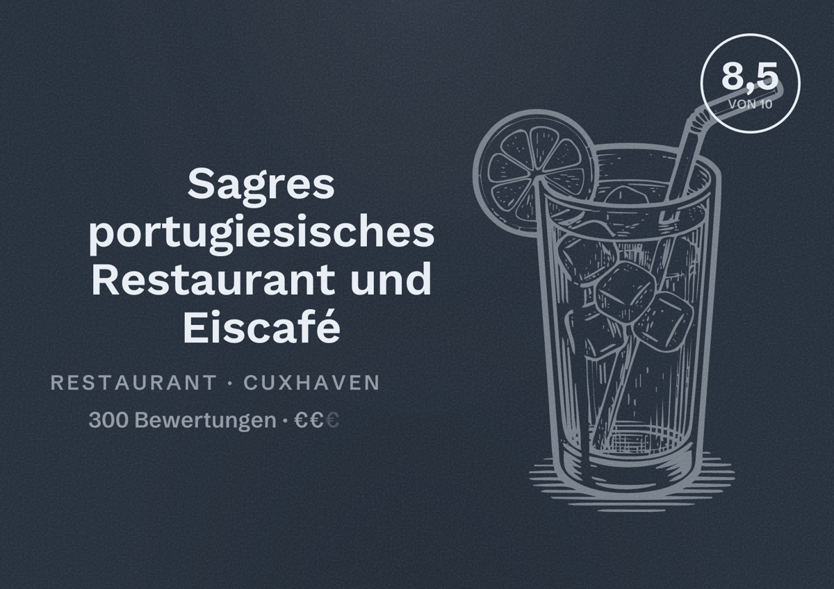 Illustriertes Poster von Sagres portugiesisches Restaurant und Eiscafé, Restaurant in Cuxhaven: Bewertung 8,5 von 10 aus 300 Bewertungen, Preisniveau €€