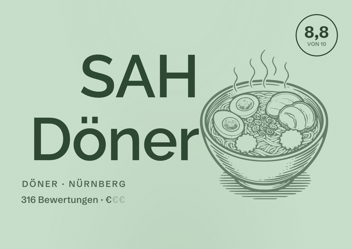 Illustriertes Poster von SAH Döner, Döner in Nürnberg: Bewertung 8,8 von 10 aus 316 Bewertungen, Preisniveau €
