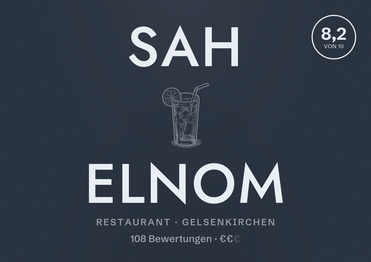 Illustriertes Poster von Sah Elnom, Restaurant in Gelsenkirchen: Bewertung 8,2 von 10 aus 108 Bewertungen, Preisniveau €€