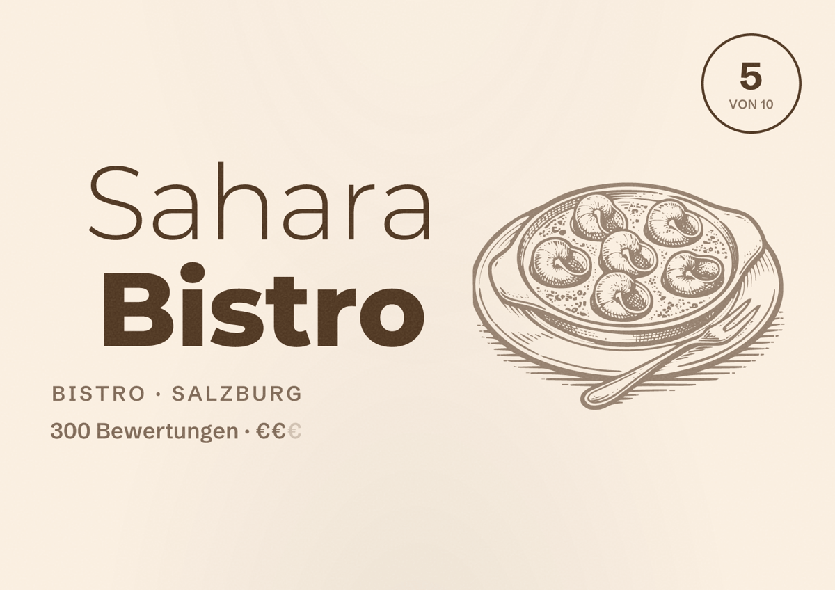 Illustriertes Poster von Sahara Bistro, Bistro in Salzburg: Bewertung 5 von 10 aus 300 Bewertungen, Preisniveau €€