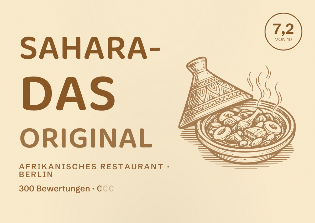 Illustriertes Poster von Sahara- Das Original, Afrikanisches Restaurant in Berlin: Bewertung 7,2 von 10 aus 300 Bewertungen, Preisniveau €