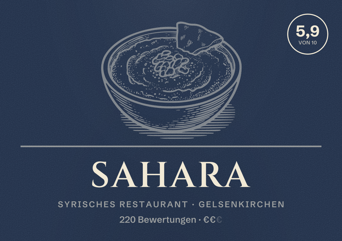 Illustriertes Poster von Sahara, Syrisches Restaurant in Gelsenkirchen: Bewertung 5,9 von 10 aus 220 Bewertungen, Preisniveau €€