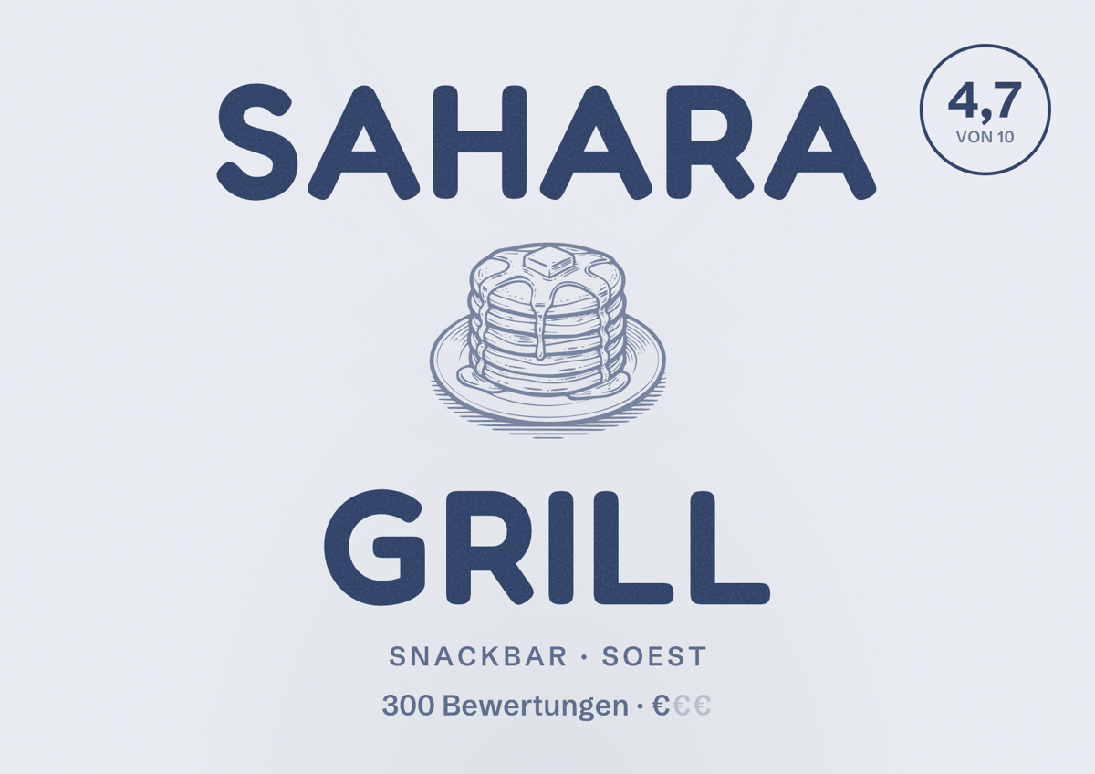 Illustriertes Poster von Sahara Grill, Snackbar in Soest: Bewertung 4,7 von 10 aus 300 Bewertungen, Preisniveau €
