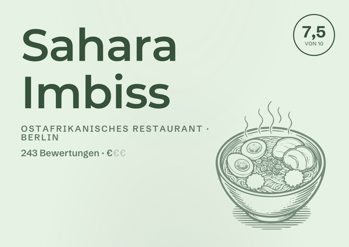 Illustriertes Poster von Sahara Imbiss, Ostafrikanisches Restaurant in Berlin: Bewertung 7,5 von 10 aus 243 Bewertungen, Preisniveau €