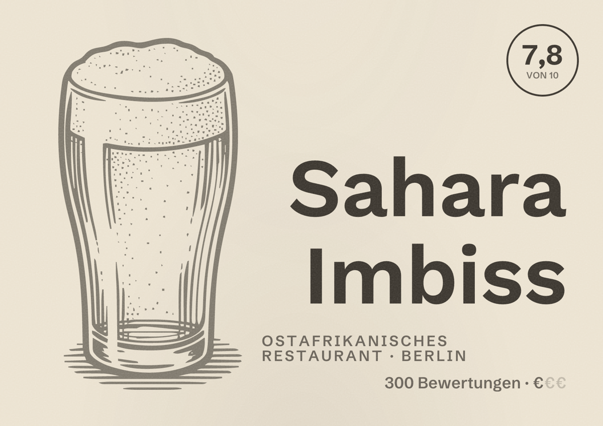 Illustriertes Poster von Sahara Imbiss, Ostafrikanisches Restaurant in Berlin: Bewertung 7,8 von 10 aus 300 Bewertungen, Preisniveau €