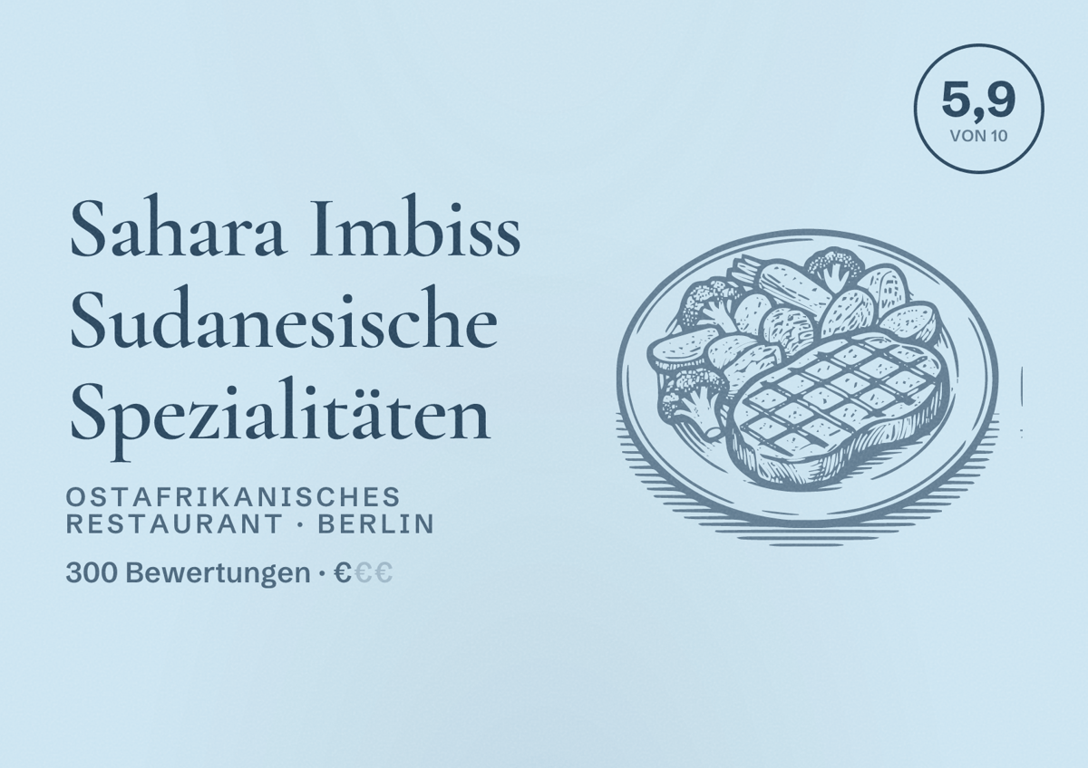 Illustriertes Poster von Sahara Imbiss Sudanesische Spezialitäten, Ostafrikanisches Restaurant in Berlin: Bewertung 5,9 von 10 aus 300 Bewertungen, Preisniveau €