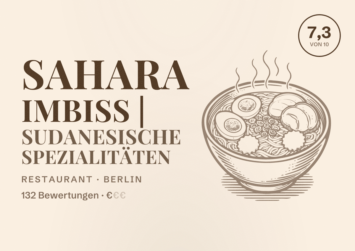 Illustriertes Poster von Sahara Imbiss | Sudanesische Spezialitäten, Restaurant in Berlin: Bewertung 7,3 von 10 aus 132 Bewertungen, Preisniveau €