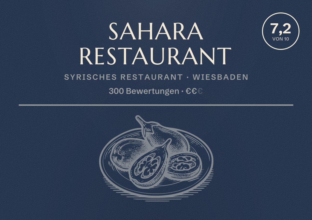 Illustriertes Poster von Sahara Restaurant, Syrisches Restaurant in Wiesbaden: Bewertung 7,2 von 10 aus 300 Bewertungen, Preisniveau €€