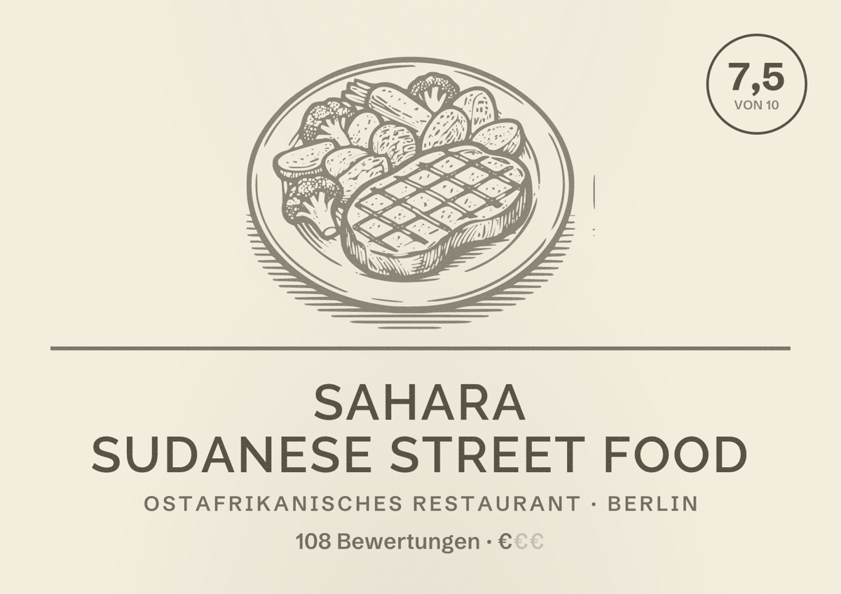 Illustriertes Poster von Sahara Sudanese Street Food, Ostafrikanisches Restaurant in Berlin: Bewertung 7,5 von 10 aus 108 Bewertungen, Preisniveau €