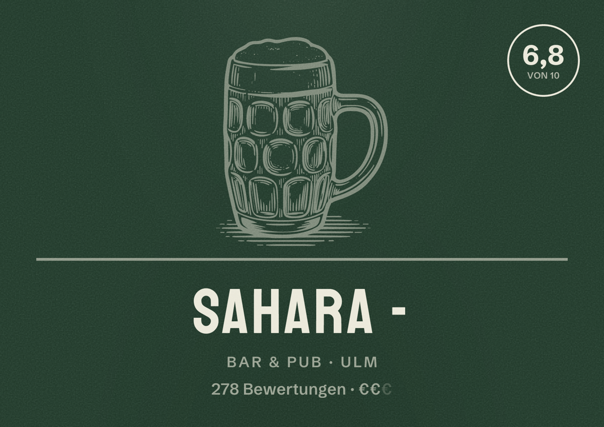 Illustriertes Poster von Sahara -, Bar & Pub in Ulm: Bewertung 6,8 von 10 aus 278 Bewertungen, Preisniveau €€