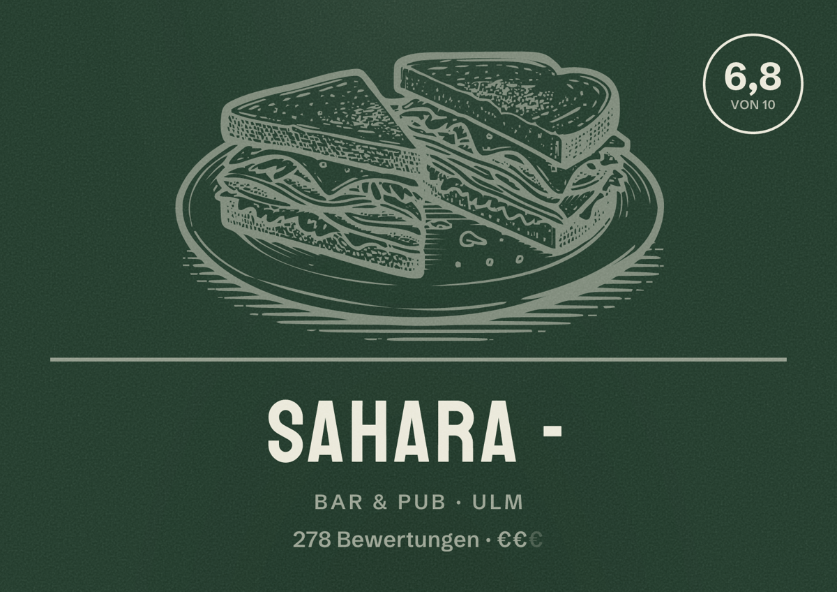 Illustriertes Poster von Sahara -, Bar & Pub in Ulm: Bewertung 6,8 von 10 aus 278 Bewertungen, Preisniveau €€