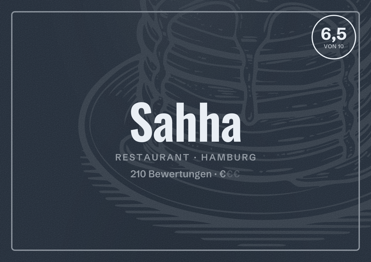 Illustriertes Poster von Sahha, Restaurant in Hamburg: Bewertung 6,5 von 10 aus 210 Bewertungen, Preisniveau €