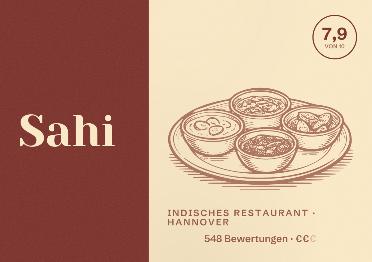 Illustriertes Poster von Sahi, Indisches Restaurant in Hannover: Bewertung 7,9 von 10 aus 548 Bewertungen, Preisniveau €€