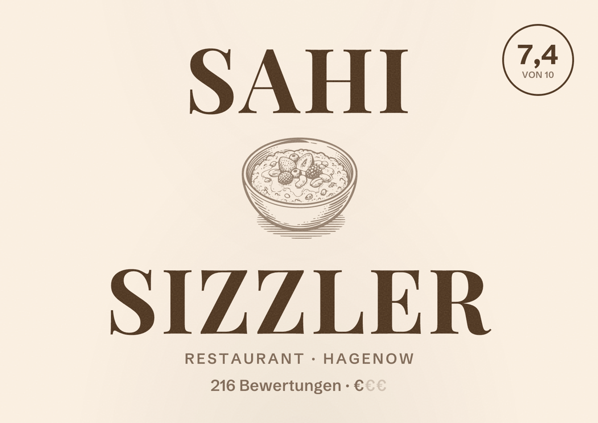 Illustriertes Poster von Sahi Sizzler, Restaurant in Hagenow: Bewertung 7,4 von 10 aus 216 Bewertungen, Preisniveau €
