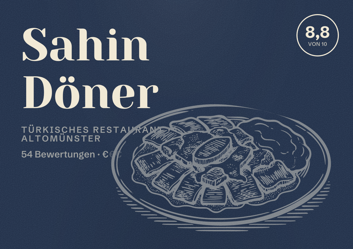 Illustriertes Poster von Sahin Döner, Türkisches Restaurant in Altomünster: Bewertung 8,8 von 10 aus 54 Bewertungen, Preisniveau €