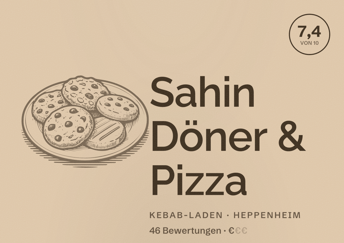 Illustriertes Poster von Sahin Döner & Pizza, Kebab-Laden in Heppenheim: Bewertung 7,4 von 10 aus 46 Bewertungen, Preisniveau €