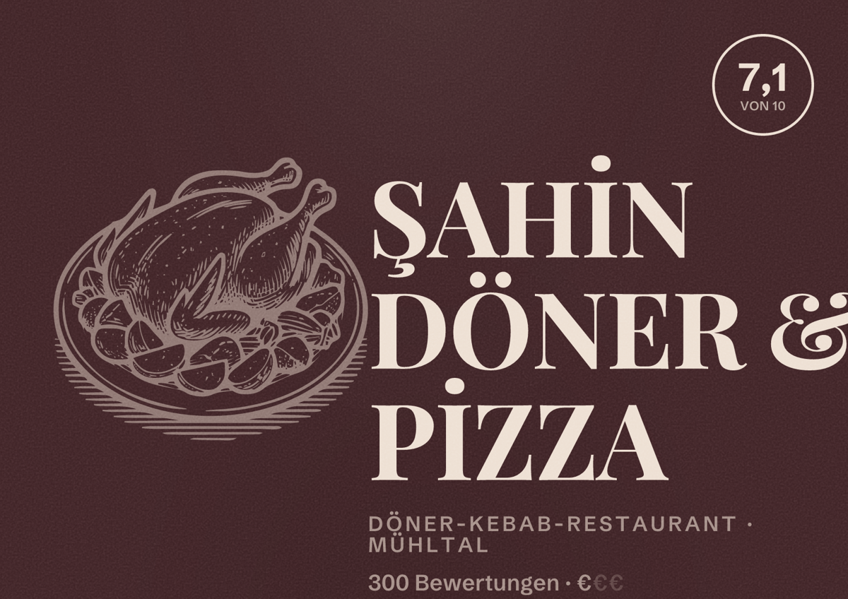 Illustriertes Poster von ŞAHİN DÖNER & PİZZA, Döner-Kebab-Restaurant in Mühltal: Bewertung 7,1 von 10 aus 300 Bewertungen, Preisniveau €
