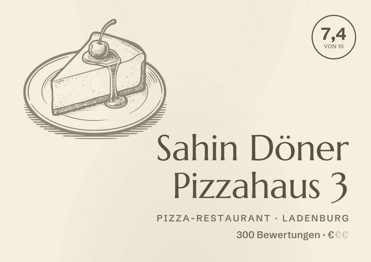 Illustriertes Poster von Sahin Döner Pizzahaus 3, Pizza-Restaurant in Ladenburg: Bewertung 7,4 von 10 aus 300 Bewertungen, Preisniveau €