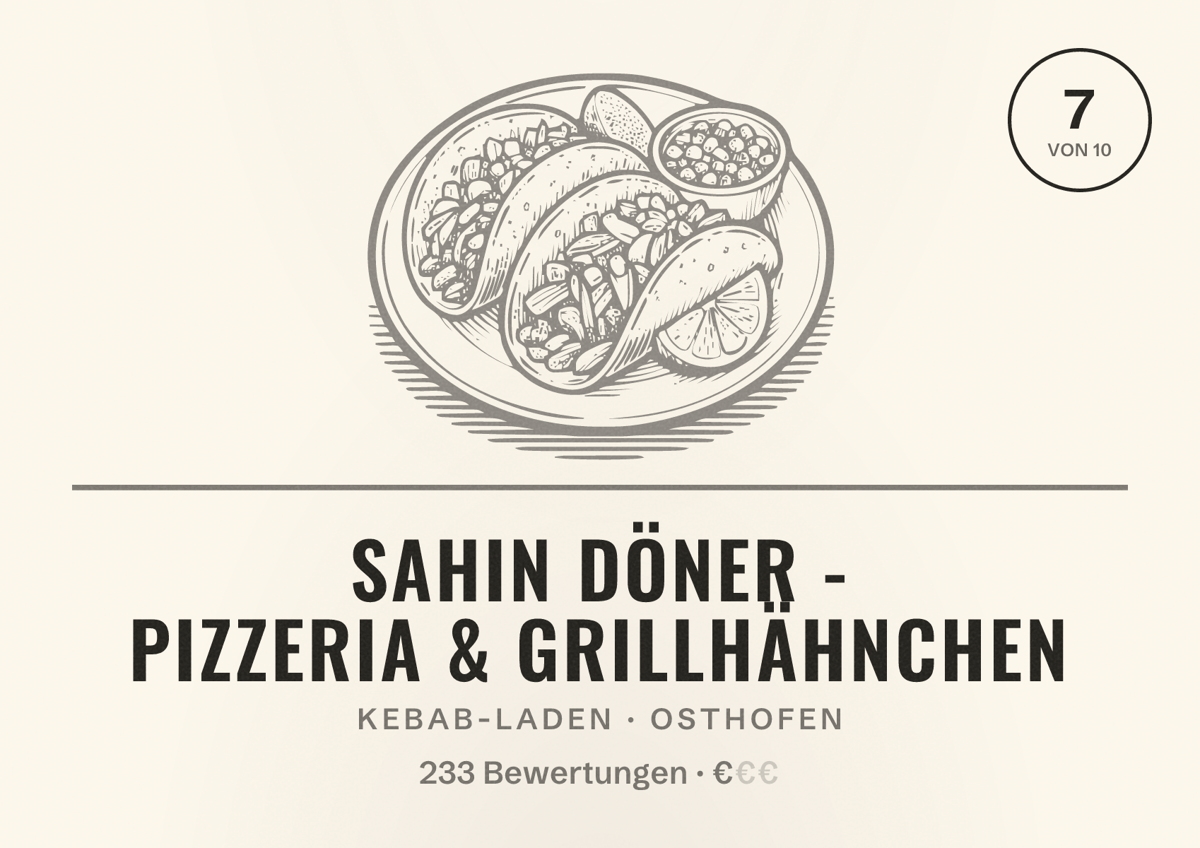 Illustriertes Poster von Sahin Döner - Pizzeria & Grillhähnchen, Kebab-Laden in Osthofen: Bewertung 7 von 10 aus 233 Bewertungen, Preisniveau €