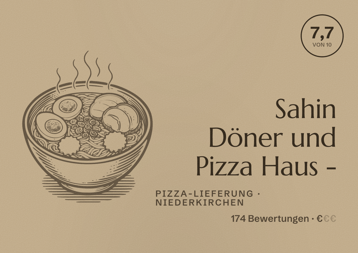 Illustriertes Poster von Sahin Döner und Pizza Haus -, Pizza-Lieferung in Niederkirchen: Bewertung 7,7 von 10 aus 174 Bewertungen, Preisniveau €