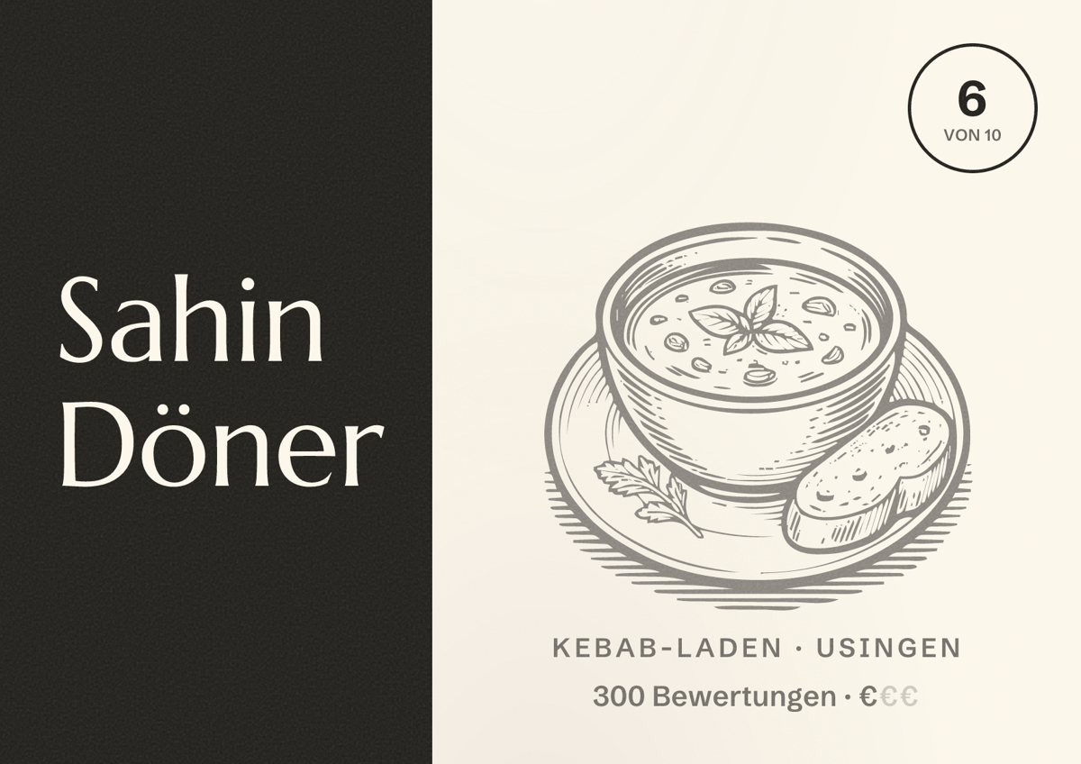 Illustriertes Poster von Sahin Döner, Kebab-Laden in Usingen: Bewertung 6 von 10 aus 300 Bewertungen, Preisniveau €