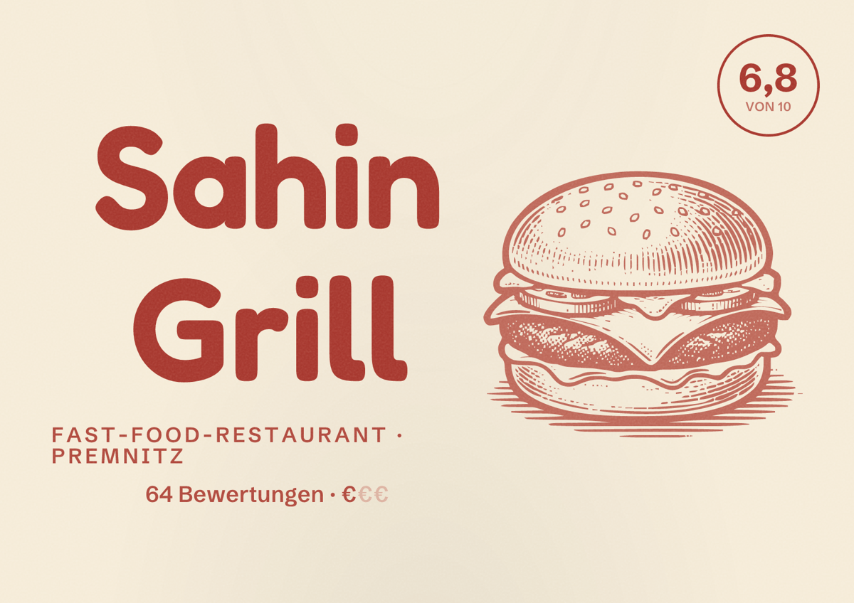 Illustriertes Poster von Sahin Grill, Fast-Food-Restaurant in Premnitz: Bewertung 6,8 von 10 aus 64 Bewertungen, Preisniveau €