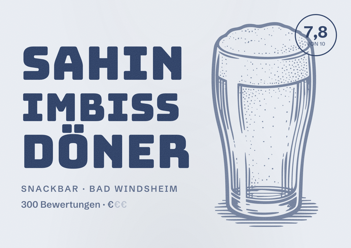 Illustriertes Poster von Sahin Imbiss Döner, Snackbar in Bad Windsheim: Bewertung 7,8 von 10 aus 300 Bewertungen, Preisniveau €