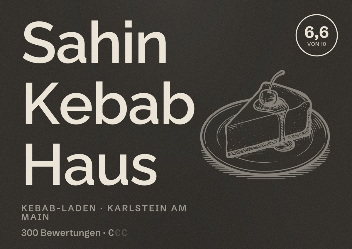 Illustriertes Poster von Sahin Kebab Haus, Kebab-Laden in Karlstein am Main: Bewertung 6,6 von 10 aus 300 Bewertungen, Preisniveau €
