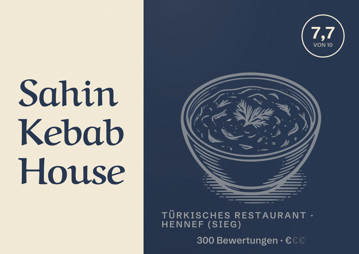 Illustriertes Poster von Sahin Kebab House, Türkisches Restaurant in Hennef (Sieg): Bewertung 7,7 von 10 aus 300 Bewertungen, Preisniveau €