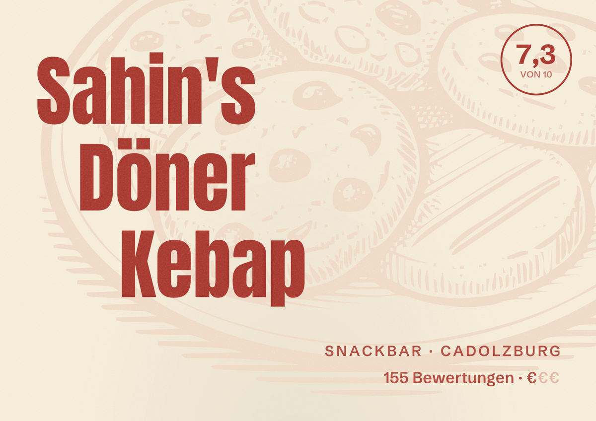 Illustriertes Poster von Sahin's Döner Kebap, Snackbar in Cadolzburg: Bewertung 7,3 von 10 aus 155 Bewertungen, Preisniveau €
