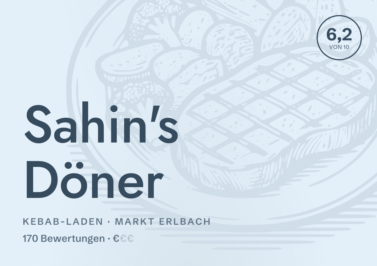 Illustriertes Poster von Sahin's Döner, Kebab-Laden in Markt Erlbach: Bewertung 6,2 von 10 aus 170 Bewertungen, Preisniveau €