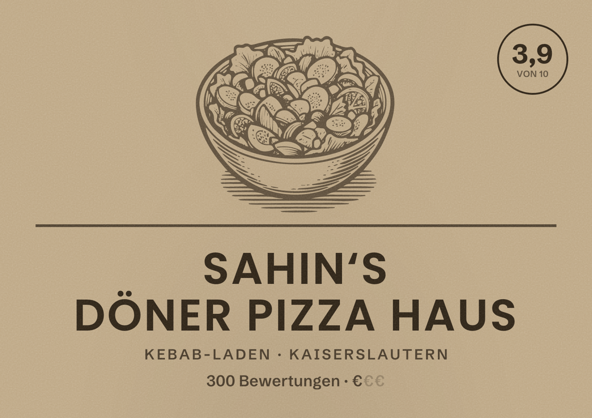 Illustriertes Poster von Sahin‘s Döner Pizza Haus, Kebab-Laden in Kaiserslautern: Bewertung 3,9 von 10 aus 300 Bewertungen, Preisniveau €