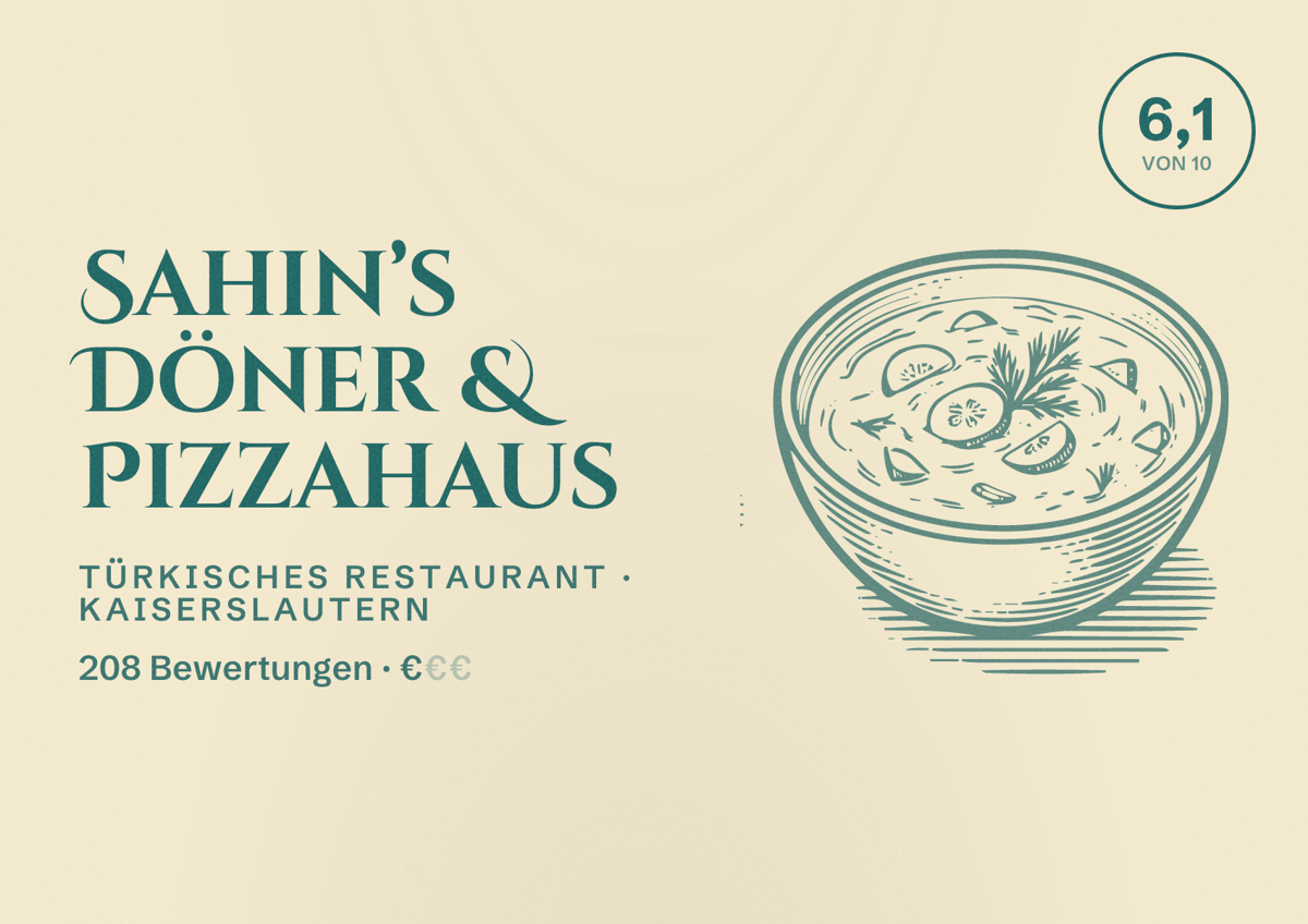 Illustriertes Poster von Sahin’s Döner & Pizzahaus, Türkisches Restaurant in Kaiserslautern: Bewertung 6,1 von 10 aus 208 Bewertungen, Preisniveau €
