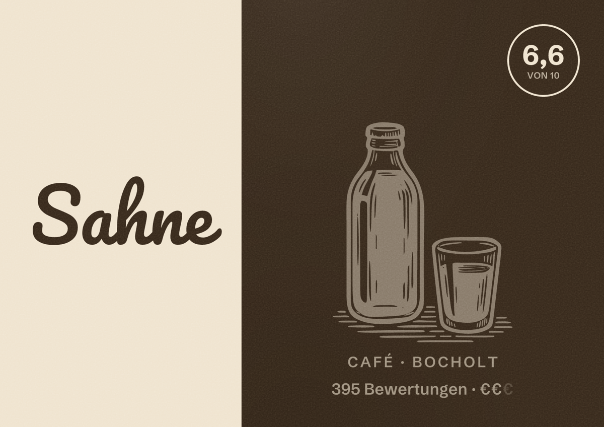 Illustriertes Poster von Sahne, Café in Bocholt: Bewertung 6,6 von 10 aus 395 Bewertungen, Preisniveau €€
