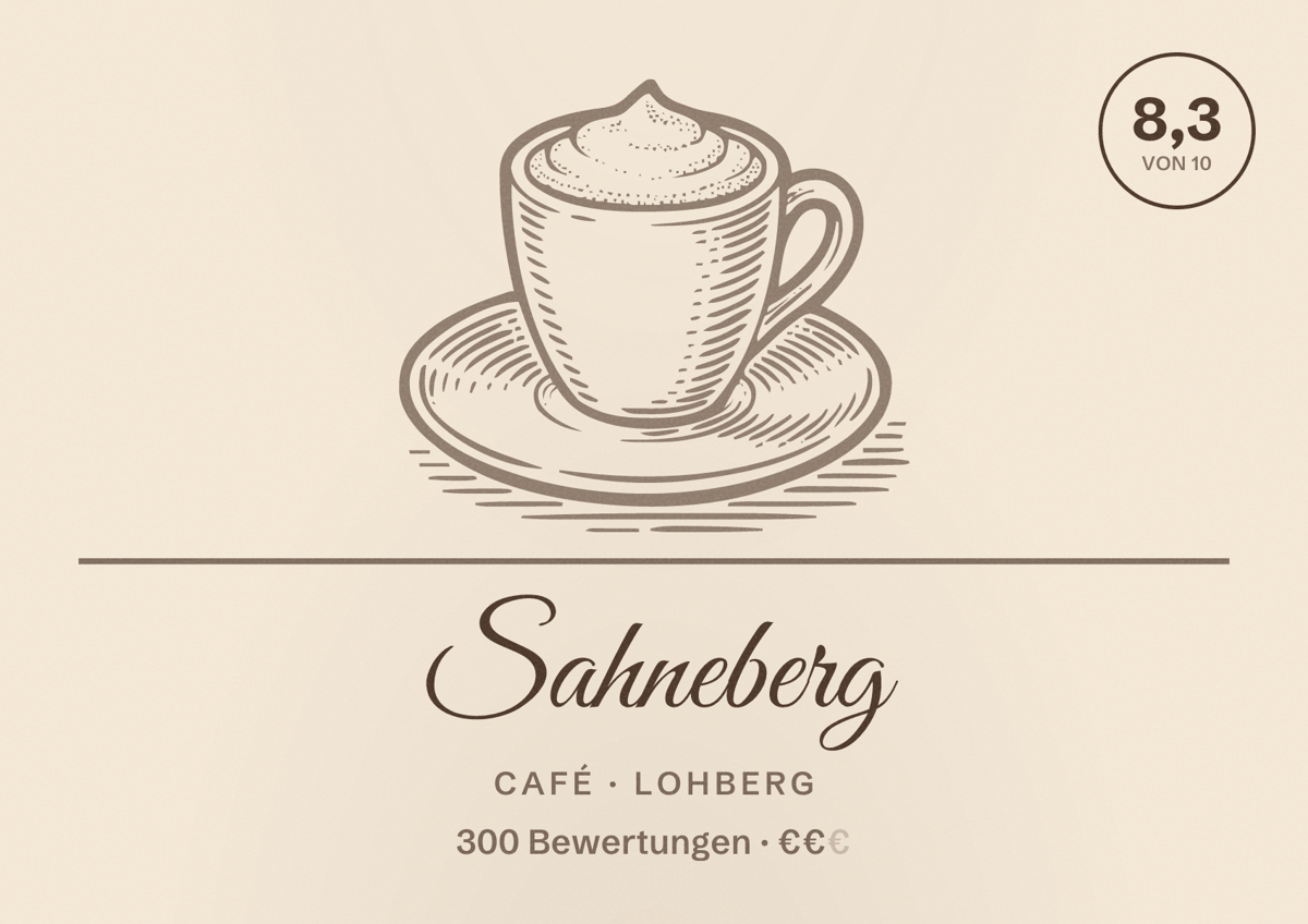 Illustriertes Poster von Sahneberg, Café in Lohberg: Bewertung 8,3 von 10 aus 300 Bewertungen, Preisniveau €€
