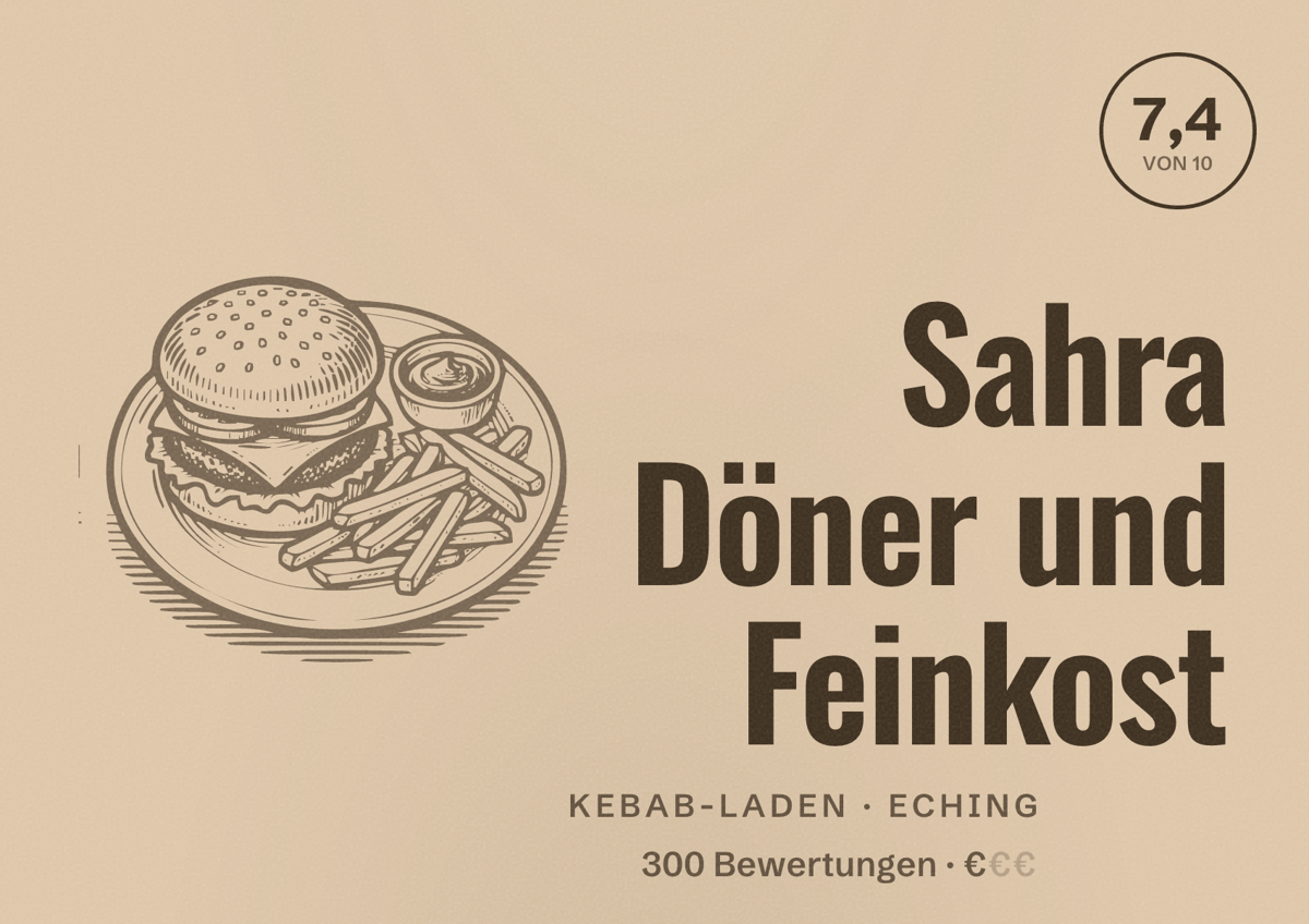 Illustriertes Poster von Sahra Döner und Feinkost, Kebab-Laden in Eching: Bewertung 7,4 von 10 aus 300 Bewertungen, Preisniveau €