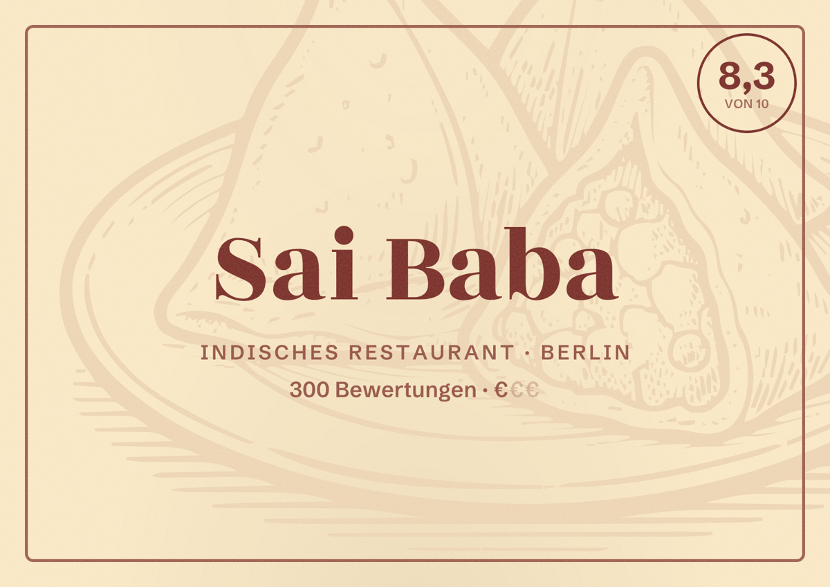 Illustriertes Poster von Sai Baba, Indisches Restaurant in Berlin: Bewertung 8,3 von 10 aus 300 Bewertungen, Preisniveau €