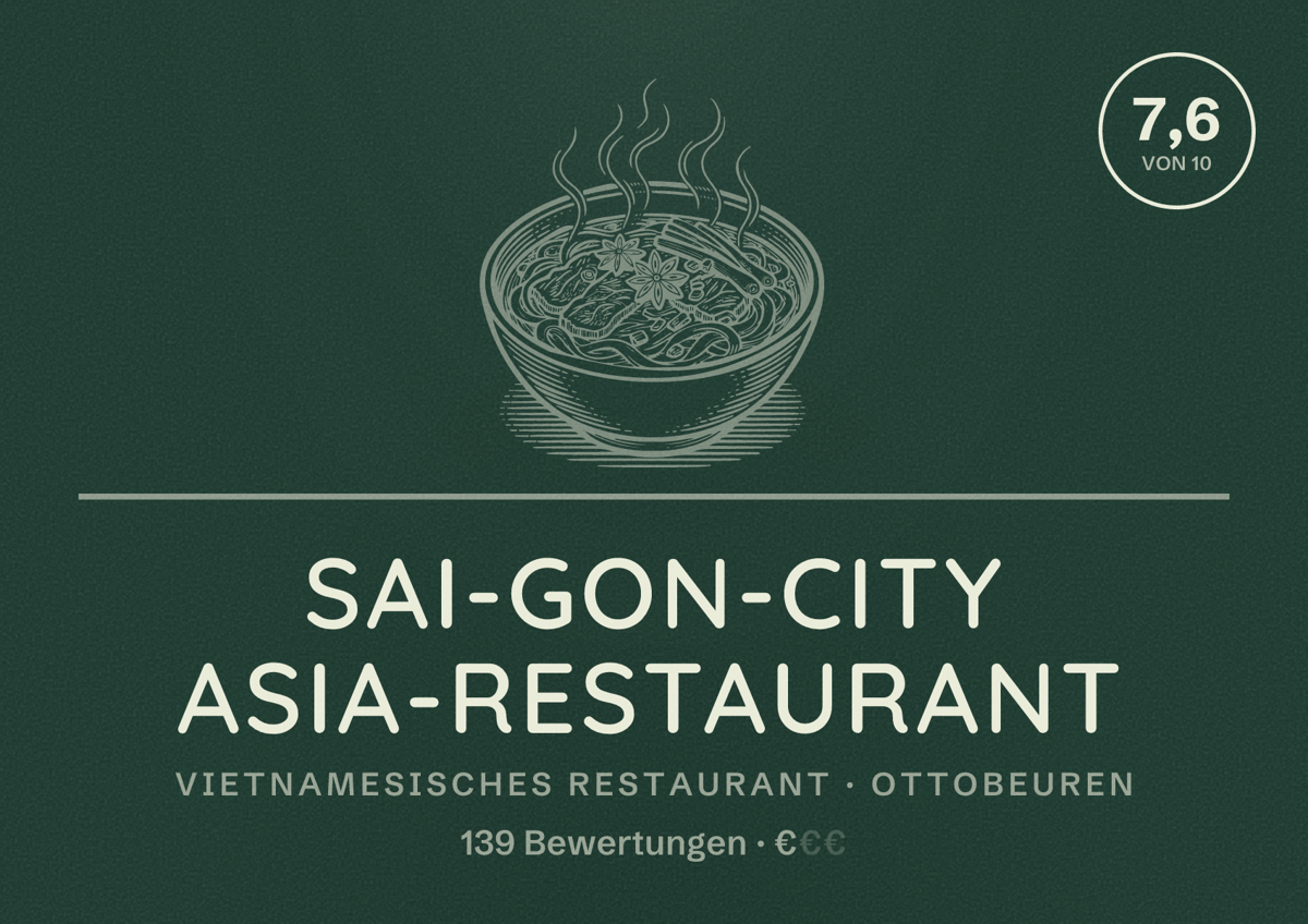 Illustriertes Poster von Sai-Gon-City Asia-Restaurant, Vietnamesisches Restaurant in Ottobeuren: Bewertung 7,6 von 10 aus 139 Bewertungen, Preisniveau €