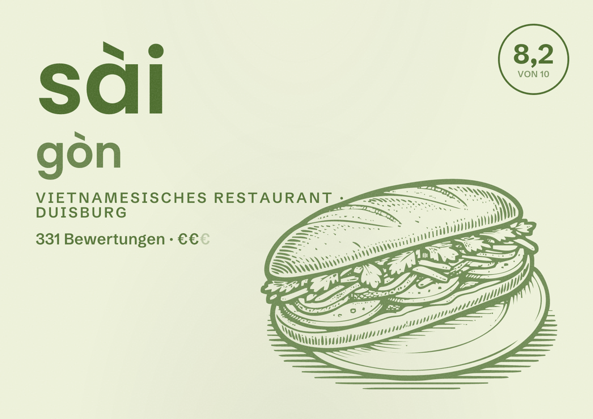 Illustriertes Poster von sài gòn, Vietnamesisches Restaurant in Duisburg: Bewertung 8,2 von 10 aus 331 Bewertungen, Preisniveau €€