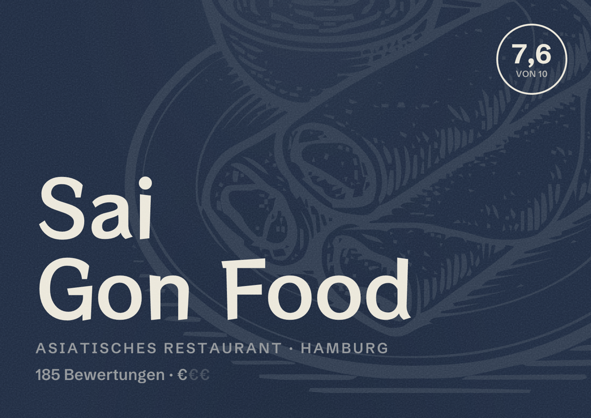 Illustriertes Poster von Sai Gon Food, Asiatisches Restaurant in Hamburg: Bewertung 7,6 von 10 aus 185 Bewertungen, Preisniveau €
