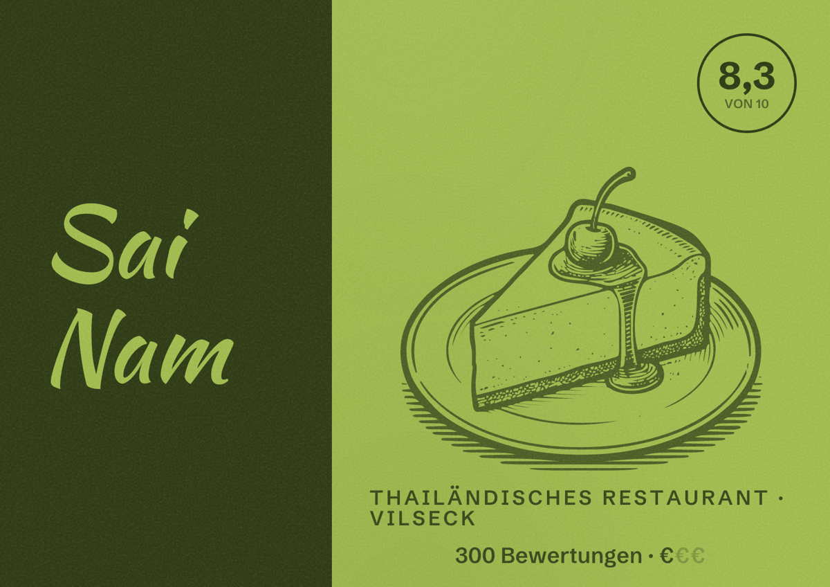 Illustriertes Poster von Sai Nam, Thailändisches Restaurant in Vilseck: Bewertung 8,3 von 10 aus 300 Bewertungen, Preisniveau €