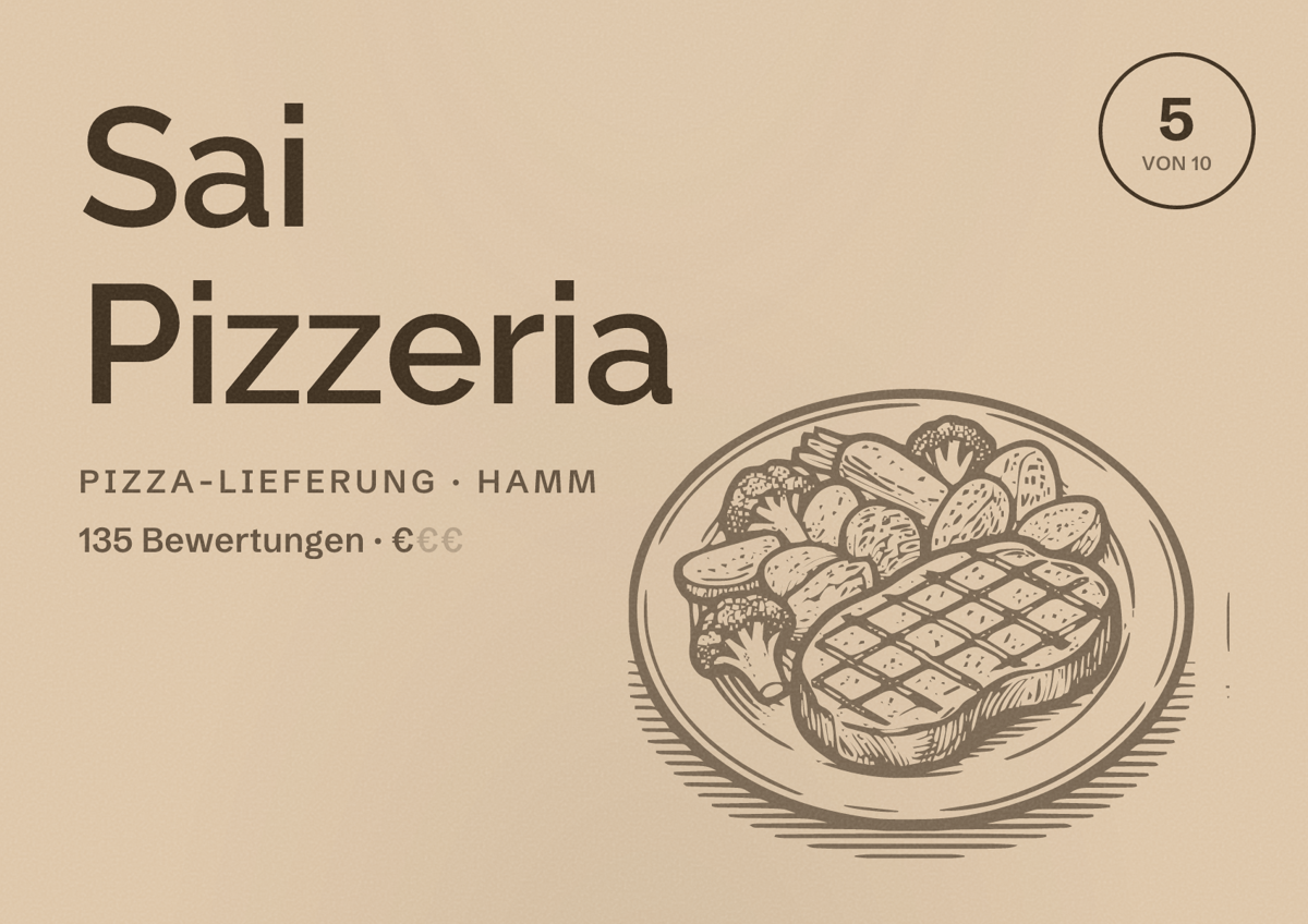 Illustriertes Poster von Sai Pizzeria, Pizza-Lieferung in Hamm: Bewertung 5 von 10 aus 135 Bewertungen, Preisniveau €