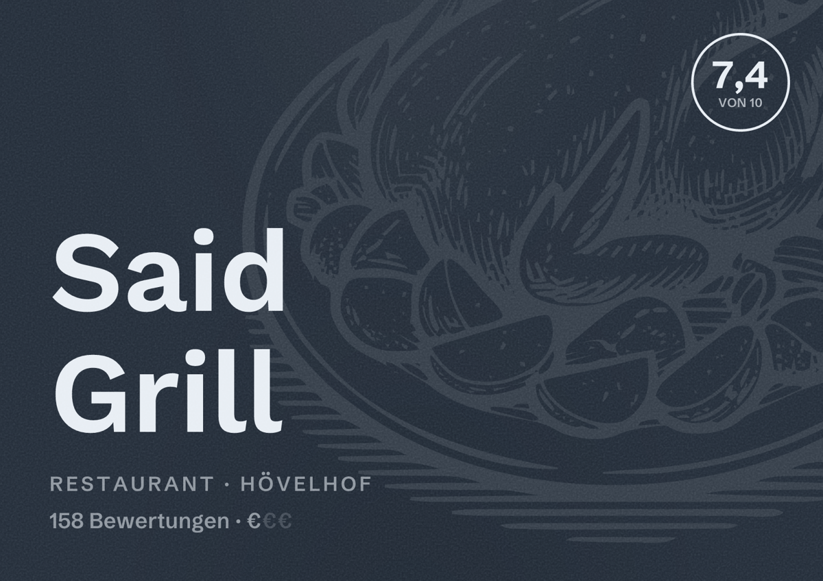 Illustriertes Poster von Said Grill, Restaurant in Hövelhof: Bewertung 7,4 von 10 aus 158 Bewertungen, Preisniveau €