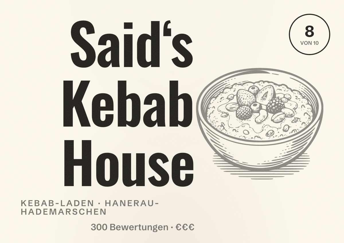 Illustriertes Poster von Said‘s Kebab House, Kebab-Laden in Hanerau-Hademarschen: Bewertung 8 von 10 aus 300 Bewertungen, Preisniveau €€€